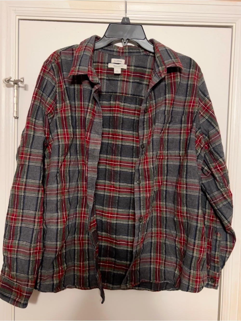 L.L.Bean Relaxed Fit Plaid Flannel Button Down Shirt 1X Gray Red Cotton